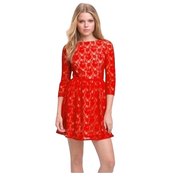 French Connection Dresses & Skirts - French Connection Red Lace Fit Flare Dress 3/4 Sleeve Boat Neck Evening Party